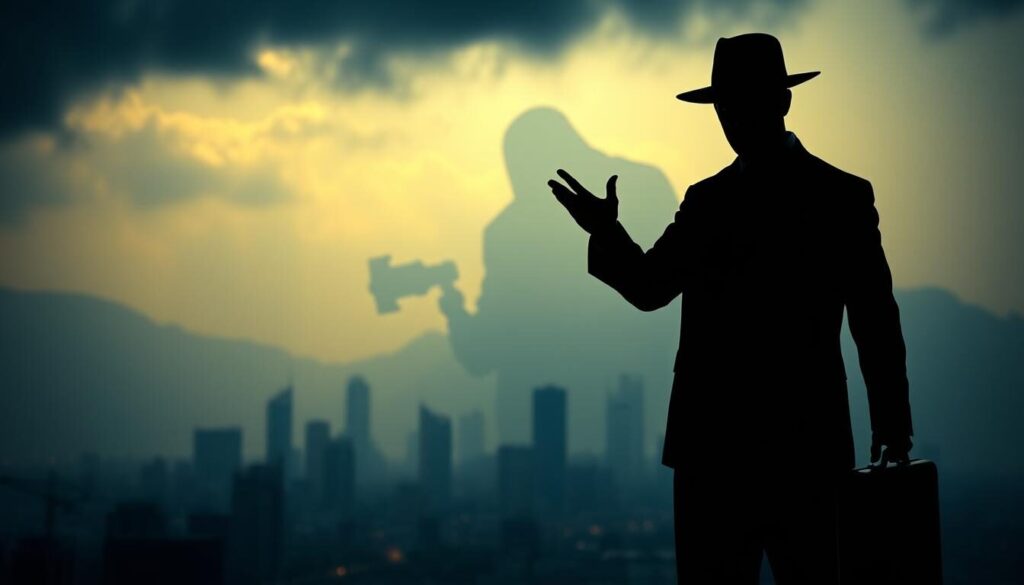 A dimly lit, high-contrast scene depicting a cautionary tale of forex scams in Brazil. In the foreground, a shadowy figure in a dark suit gestures menacingly, holding a suitcase symbolic of illicit financial activities. The middle ground features a city skyline shrouded in an ominous haze, conveying a sense of unease and uncertainty. In the background, a looming figure of a predatory scammer, casting a long, ominous shadow over the scene. The overall mood is one of suspicion, danger, and the need to be vigilant against unscrupulous financial practices. Dramatic chiaroscuro lighting and a moody, cinematic color palette further heighten the sense of tension and foreboding.