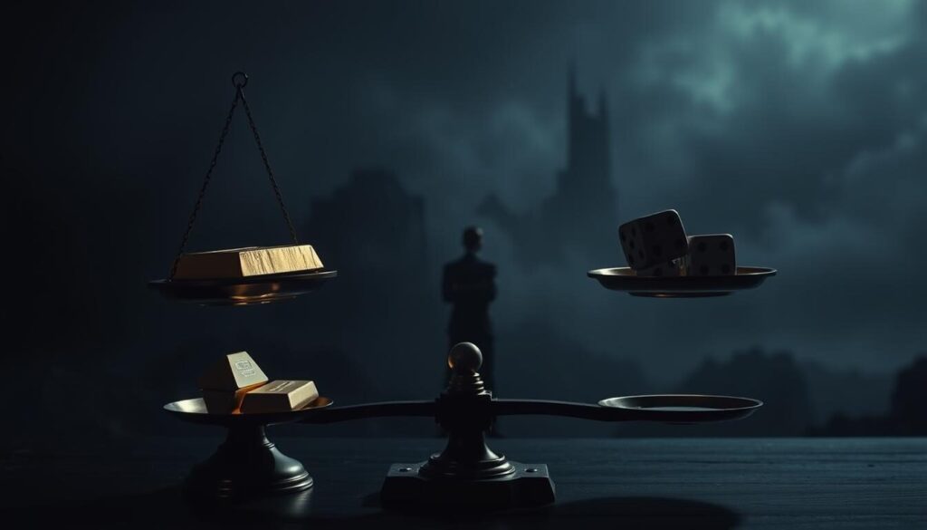 A dimly lit, high-contrast scene depicting the leverage risks and rewards of financial trading. In the foreground, a pair of balanced scales, one side weighted with gold bars, the other with a set of dice, symbolizing the precarious balance of risk and potential gain. In the middle ground, a shadowy figure contemplates their next move, surrounded by a swirling, chaotic energy. The background is a hazy, ominous landscape, highlighting the unpredictable nature of the markets. Dramatic chiaroscuro lighting casts dramatic shadows, emphasizing the dramatic tension. The overall mood is one of apprehension and anticipation, reflecting the high-stakes world of leveraged trading.