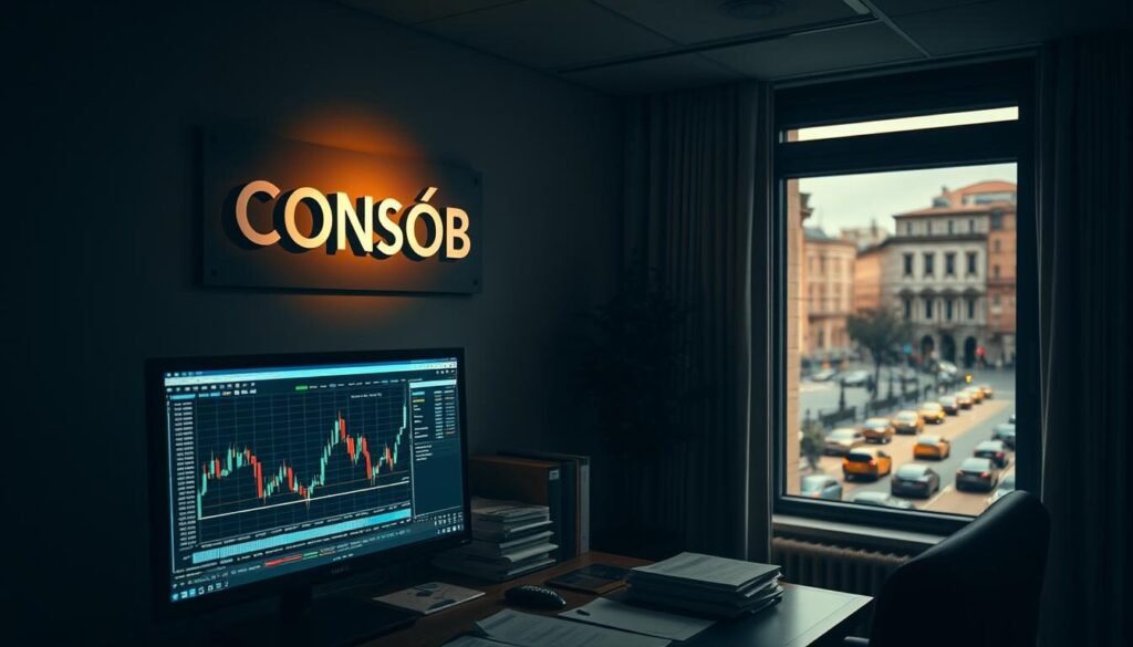 A dimly lit office interior, the CONSOB logo prominently displayed on the wall. In the foreground, a desk with various financial documents and a computer monitor showing forex trading charts. The lighting is soft and warm, casting shadows that lend an air of professionalism and authority. In the background, a window overlooking the bustling streets of Rome, hinting at the broader financial landscape. The overall atmosphere conveys the regulatory role of CONSOB in shaping the Italian forex market, with a sense of gravitas and attention to detail.