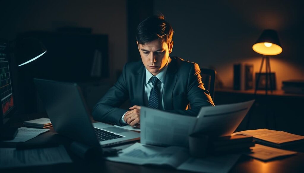 A dimly lit office setting with a laptop, charts, and financial documents on a desk. A person, dressed in business attire, is intently focused on the screen, contemplating the complex considerations of a full-time forex trading career. Soft, warm lighting casts shadows, creating a pensive, thoughtful atmosphere. The background is blurred, emphasizing the central figure's deep concentration. The composition uses a medium shot, placing the subject in the middle ground, surrounded by the tools of the trade. An air of serious deliberation pervades the scene, hinting at the weighty decisions involved in pursuing forex trading as a full-time profession.