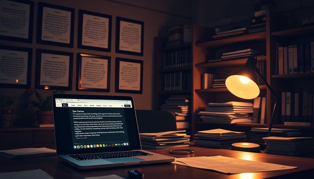 A dimly lit office space, the walls adorned with frames showcasing customer testimonials about their forex trading experiences. In the foreground, a laptop displays a web page with glowing reviews, its screen casting a soft glow across the desktop. The middle ground features stacks of printed documents and a high-end desk lamp, creating an atmosphere of professionalism and credibility. In the background, shelves filled with financial reports and market analysis books suggest a wealth of industry expertise. The scene is illuminated by warm, natural lighting, casting subtle shadows and enhancing the sense of authenticity. The overall mood conveys trust, reliability, and the real-life trading experiences of satisfied customers.
