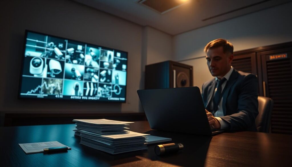 A dimly lit office space with a senior executive reviewing security measures on a laptop. Soft directional lighting illuminates the scene, casting dramatic shadows. In the foreground, a stack of financial documents and a secure USB drive sit on the desk, conveying the importance of data protection. The middle ground features a wall-mounted display showing security camera feeds and access control systems, emphasizing the comprehensive nature of the security measures. In the background, a high-tech server rack and a safe suggest the robust infrastructure in place to safeguard the company's financial data and transactions. The overall atmosphere is one of professionalism, diligence, and a steadfast commitment to ensuring the transparency, trust, and execution quality of BDSwiss' operations.