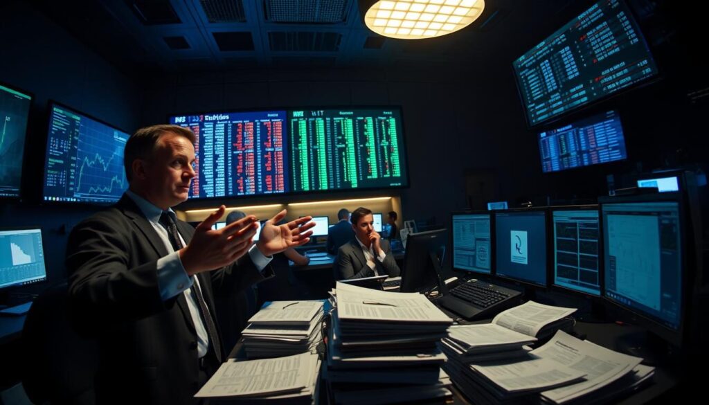 A dimly-lit trading floor, illuminated by the glow of multiple monitors. In the foreground, a trader gestures emphatically, surrounded by stacks of financial documents and risk management protocols. The middle ground features a group of analysts meticulously reviewing trading logs and compliance guidelines. In the background, a wall-mounted display shows a real-time feed of market data, casting an intense, bluish hue across the scene. The atmosphere is one of cautious focus, as the team works to balance the demands of aggressive trading strategies with the need for rigorous risk management. Cinematic lighting and a slight fish-eye lens effect create a sense of tension and urgency.