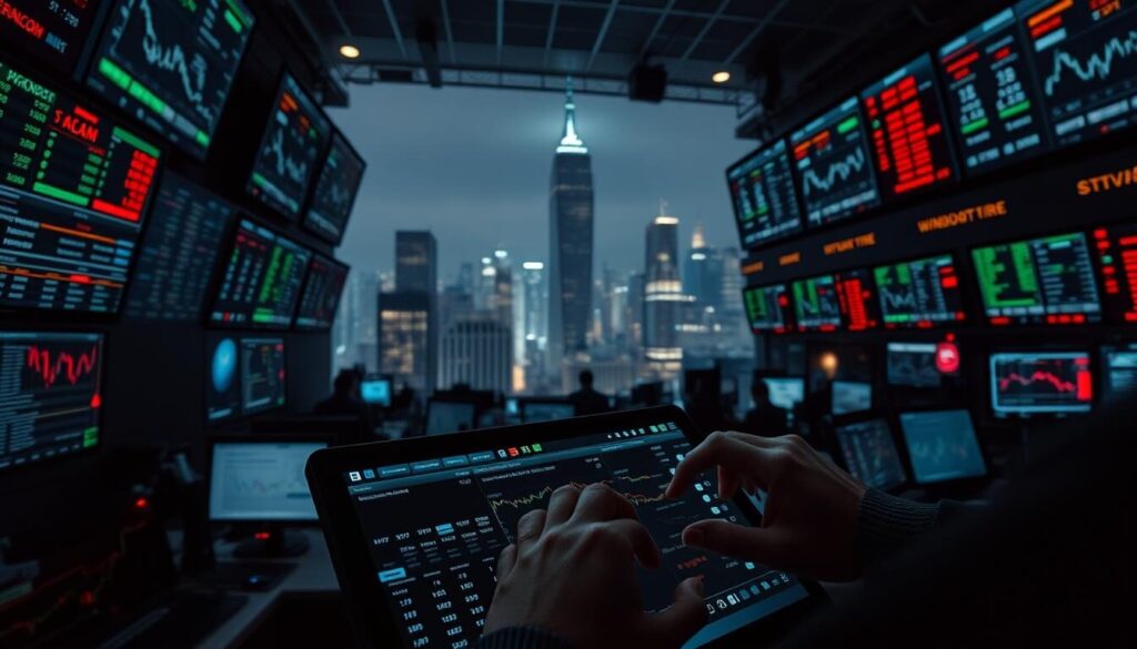 A dimly lit trading floor, illuminated by the glow of multiple screens displaying real-time financial data. In the foreground, a trader's hands deftly manipulate a complex trading interface, managing leveraged positions and monitoring margin requirements. The middle ground reveals a panoramic view of the trading desks, each workstation a hub of intense concentration and strategic decision-making. In the background, a towering cityscape of skyscrapers symbolizes the high-stakes world of global finance. The overall atmosphere evokes a sense of calculated risk, precision, and the delicate balance of leverage and margin management that underpins successful trading strategies.
