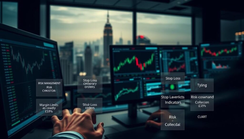 A dimly lit trading floor with a focus on a trader's hands operating a trading platform on a computer screen. The foreground features various risk management tools and indicators, such as stop-loss orders, margin limits, and risk-to-reward ratios, all displayed prominently. The middle ground showcases a larger overview of the trading platform, with various charts, graphs, and data visualizations highlighting the complex nature of forex trading. The background subtly depicts the skyline of a bustling financial district, emphasizing the high-stakes environment of the forex market. The overall atmosphere conveys a sense of tension and focus, underscoring the importance of effective leverage and risk management tactics in the pursuit of successful forex trading.