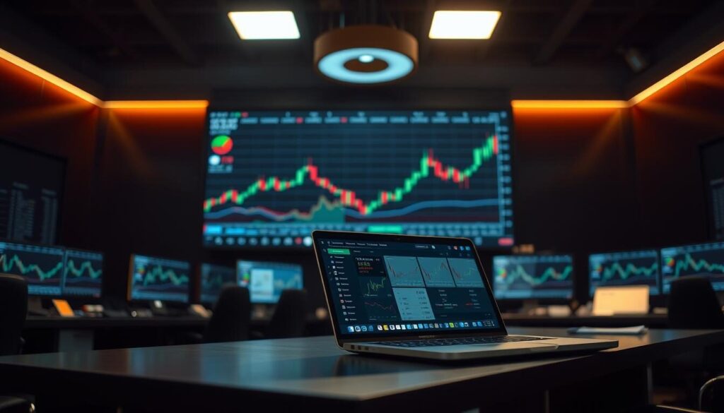 A dimly lit trading floor, with a traders' desk in the foreground. On the desk, a laptop displays a customizable trading dashboard, showcasing various low-cost trading strategies. Behind the desk, a large screen displays a real-time stock chart, with fluctuating lines and candlestick patterns. The room is illuminated by a warm, focused light, creating a sense of concentration and deliberation. The overall atmosphere is one of efficiency and cost-consciousness, reflecting the subject of discount brokers and their approach to keeping trading costs low.