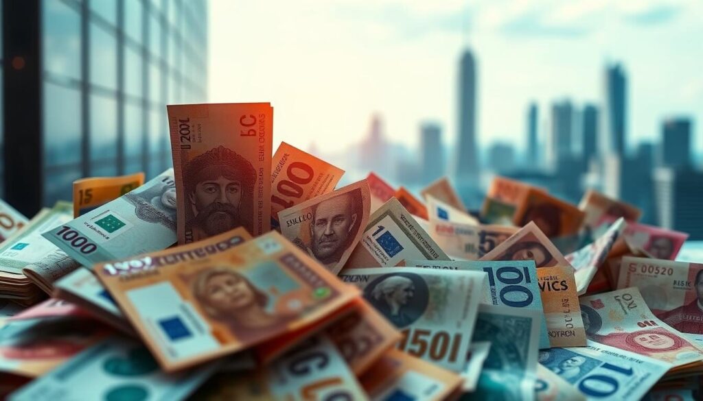 A diverse array of currency pairs represented as intricately patterned and textured banknotes, each one a unique tapestry of global financial landscapes. The foreground features a cluster of these notes, expertly arranged to convey a sense of dynamic market activity, with subtle highlights and shadows that bring depth and dimensionality. The middle ground showcases the varied colors, designs, and denominations of the currency pairs, creating a visually captivating mosaic. In the background, a subtle, soft-focus cityscape or trading floor provides a contextual backdrop, hinting at the broader scope of the global financial markets. The overall composition exudes a sense of sophisticated, refined elegance, reflecting the high-caliber nature of the financial instruments available.