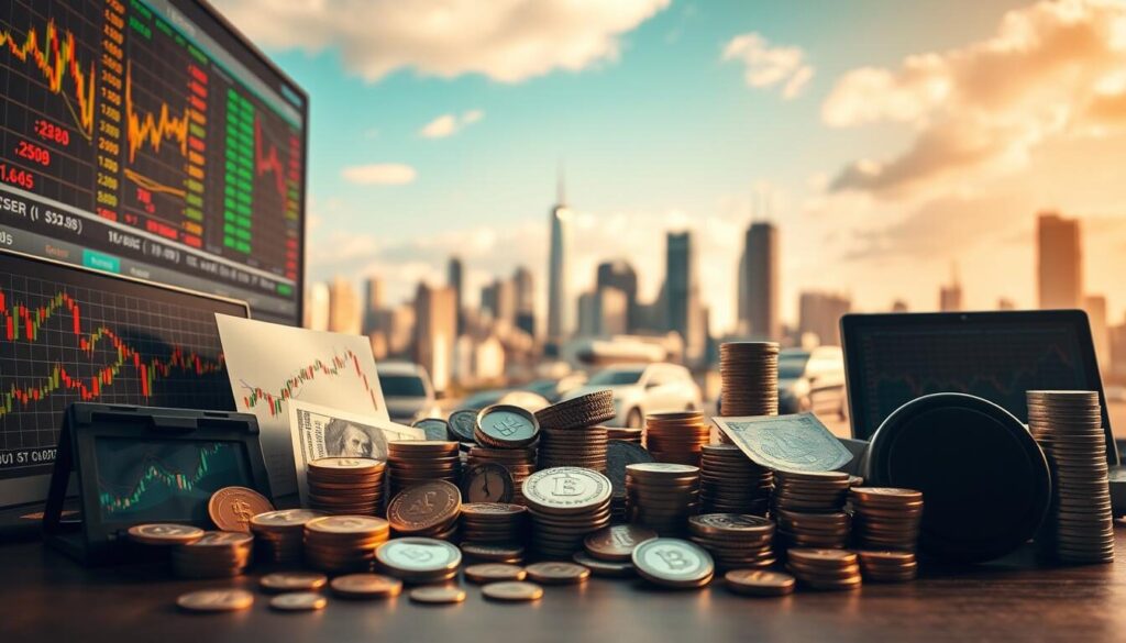 A diverse array of trading instruments cast in warm, natural lighting, captured from a low perspective that emphasizes their visual prominence. In the foreground, a collection of candlestick charts, stock tickers, and trading graphs are neatly arranged, conveying a sense of financial activity. The middle ground features a mix of currencies, precious metals, and commodity symbols, each rendered with a tactile, realistic quality. In the background, a blurred cityscape skyline suggests the global scale of the financial markets. The overall mood is one of precision, dynamism, and the interconnectedness of modern trading.