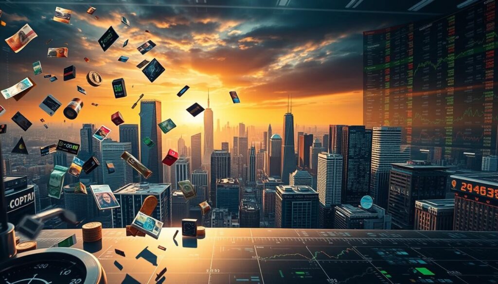 A diverse array of trading instruments float against a backdrop of a vibrant financial marketplace. In the foreground, a kaleidoscope of currencies, stocks, bonds, commodities, and derivatives dance across a sleek, high-tech interface. The middle ground features a panoramic view of the global exchange, with skyscrapers, trading floors, and data centers set against a warm, golden-hour sky. In the background, a matrix of charts, graphs, and analytics dashboards provide real-time insights into the ebb and flow of the financial world. The lighting is sharp and directional, casting dramatic shadows and highlights that accentuate the dynamic nature of the scene. The overall mood is one of power, precision, and the seamless integration of human expertise and cutting-edge technology.