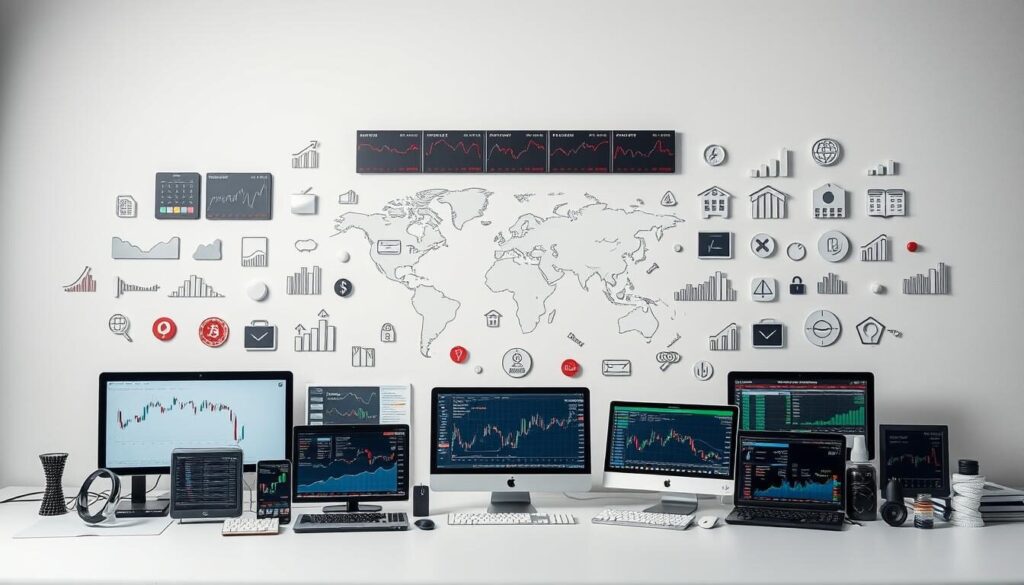 A diverse array of trading instruments laid out against a clean, minimalist background. In the foreground, a range of financial tools - from candlestick charts and stock tickers to forex trading platforms and cryptocurrency wallets - are displayed in a neatly organized manner, showcasing the breadth of assets available. The middle ground features various market symbols and icons, conveying the global reach and interconnectedness of the financial landscape. The background is bathed in soft, diffused lighting, creating a sense of professionalism and sophistication. The overall composition strikes a balance between functionality and aesthetic appeal, reflecting the comprehensive nature of the financial services on offer.