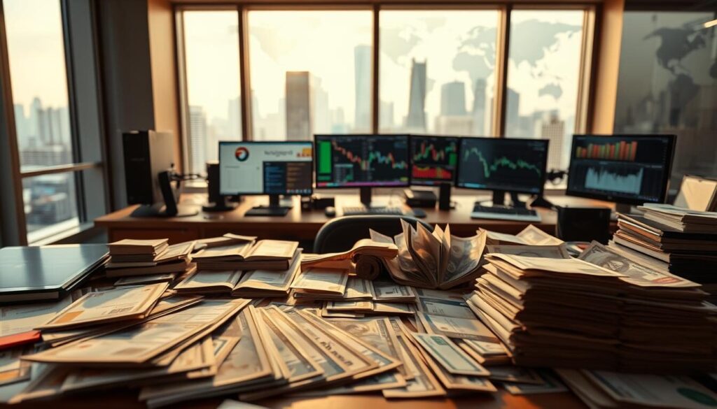 A diverse array of trading instruments lies before a trader's desk, illuminated by warm, natural light filtering through large windows. The foreground features a collection of physical financial instruments, including stock certificates, bonds, and currency notes, neatly arranged in a visually striking display. In the middle ground, various digital trading platforms and interfaces are visible, showcasing the integration of modern technology. The background subtly hints at the global nature of the financial markets, with a cityscape or map of the world providing a sense of scale and interconnectedness. The overall composition conveys the depth, complexity, and evolution of the trading landscape, inviting the viewer to explore the comprehensive range of options available to savvy investors.