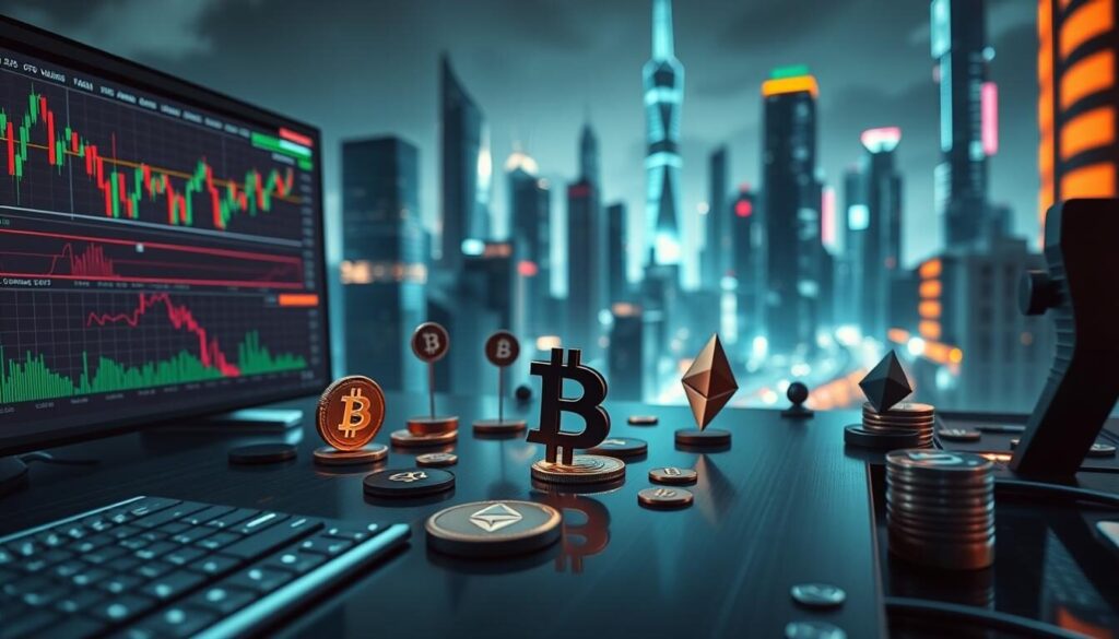 A diverse financial landscape unfolds, a mosaic of CFDs and cryptocurrencies. In the foreground, a trader's workstation displays an array of trading charts, candlesticks, and analytical tools, reflecting the dynamic nature of these alternative investment vehicles. The middle ground showcases various cryptocurrency symbols, from Bitcoin to Ethereum, dancing across a sleek, metallic surface, hinting at the volatility and potential of the digital asset market. In the background, a futuristic cityscape emerges, its towering skyscrapers and neon-lit streets symbolizing the interconnectedness of global finance and the ever-evolving landscape of diversified investments. Lighting is crisp and clean, with a subtly cinematic tone, capturing the essence of modern finance in a visually striking manner.