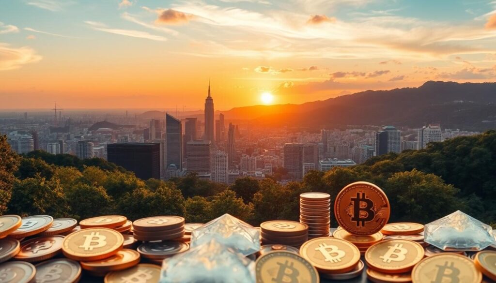 A diverse financial landscape with various trading assets in the foreground, including stocks, bonds, cryptocurrencies, and commodities. The middle ground features a vibrant cityscape with skyscrapers and bustling activity, symbolizing the dynamic nature of the financial markets. The background showcases a serene natural setting, such as a sunset over a rolling hillside, creating a sense of balance and harmony. The lighting is warm and golden, evoking a sense of prosperity and growth. The overall composition conveys the breadth and depth of the trading assets available, capturing the essence of a well-rounded investment portfolio.