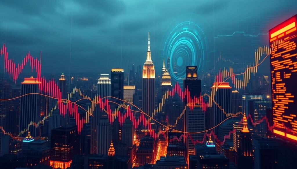 A dramatic financial illustration showcasing the volatility dynamics of overlapping global markets. In the foreground, a dynamic visualization of intersecting graph lines, representing the fluctuating exchange rates of major currency pairs during overlapping trading hours. The middle ground features a cityscape backdrop, with skyscrapers and financial landmarks illuminated by warm, moody lighting, evoking the bustling energy of the global markets. In the background, a pulsing, abstract data visualization, symbolizing the complex data flows and algorithms that drive modern forex trading. The overall atmosphere is one of intensity, uncertainty, and the thrill of high-stakes financial markets.