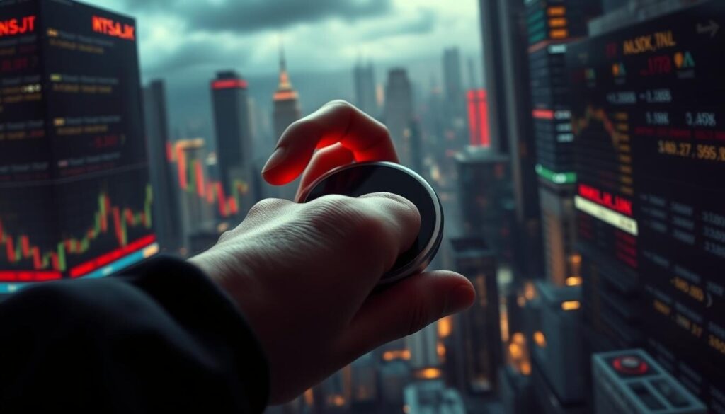 A dramatic stop-loss strategy playing out on a dynamic financial landscape. In the foreground, a trader's hand hovers over a stop-loss button, poised to mitigate potential losses. The middle ground features a detailed chart of price movements, highlighting volatility and risk. In the background, a cityscape of skyscrapers and stock tickers conveys the high-stakes world of forex trading. Dramatic lighting casts deep shadows, heightening the tension. The camera angle is slightly angled, creating a sense of urgency and importance. Overall, the image conveys the critical role of stop-loss techniques in comprehensive risk management for forex brokers.
