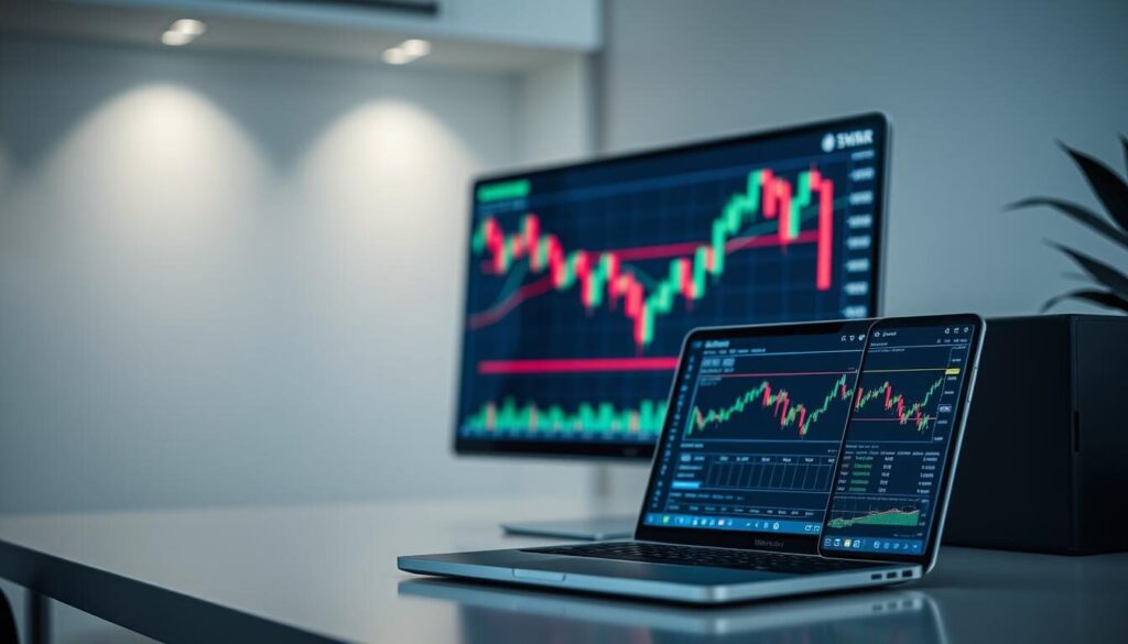 A dynamic Forex trading chart dominates the frame, surrounded by a sleek, modern workspace. The chart displays fluctuating currency pairs, highlighting the core of the affiliate niche. In the foreground, a laptop and mobile device showcase the user-friendly interface of a Forex affiliate platform, hinting at the accessibility and convenience of this industry. Subtle lighting casts a professional, authoritative tone, while the minimalist decor and clean lines convey a sense of efficiency and focus. This image aims to capture the essence of the Forex affiliate landscape - a technological, data-driven environment that empowers individuals to navigate the global financial markets.