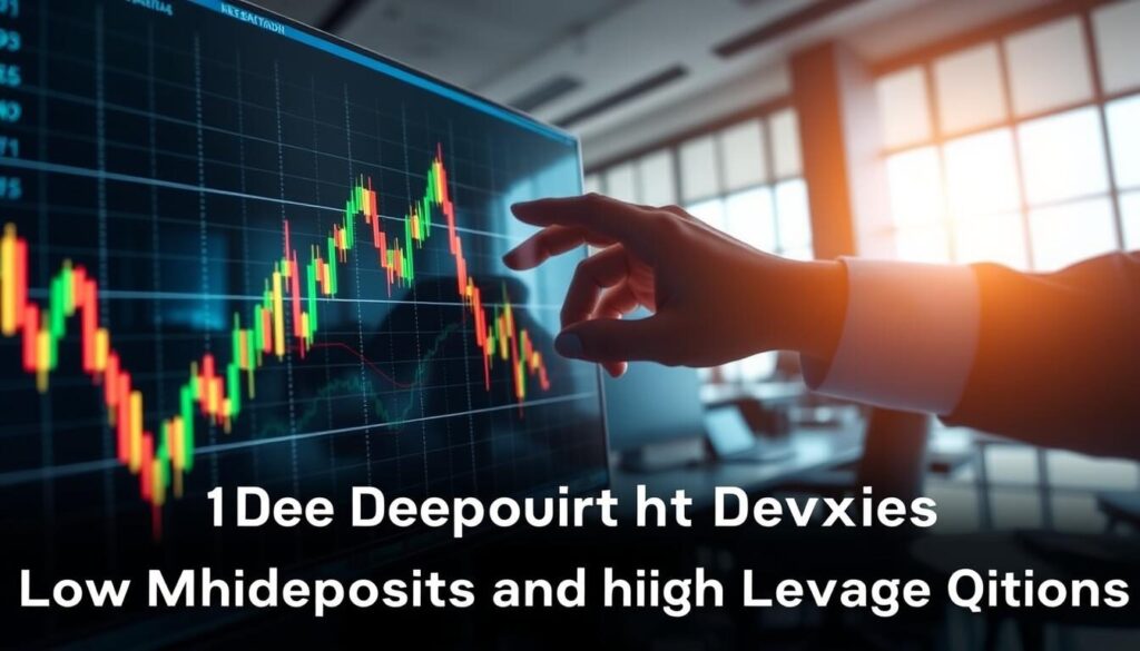 A dynamic and visually captivating image of "low deposit high leverage forex" for the "10 Best Forex Brokers that accept Amex (2025)" article. In the foreground, a currency chart displays sharp upward and downward movements, symbolizing the high-risk, high-reward nature of leveraged trading. In the middle ground, a trader's hand manipulates a virtual trading platform, conveying the sense of control and strategy required. The background features a sleek, modern office environment with large windows, creating an atmosphere of professionalism and success. The lighting is crisp and directional, casting dramatic shadows and highlights to enhance the sense of depth and dynamism. The overall tone is one of excitement, opportunity, and the potential for substantial financial gain, aligning with the "Low Minimum Deposits and High Leverage Options" section.