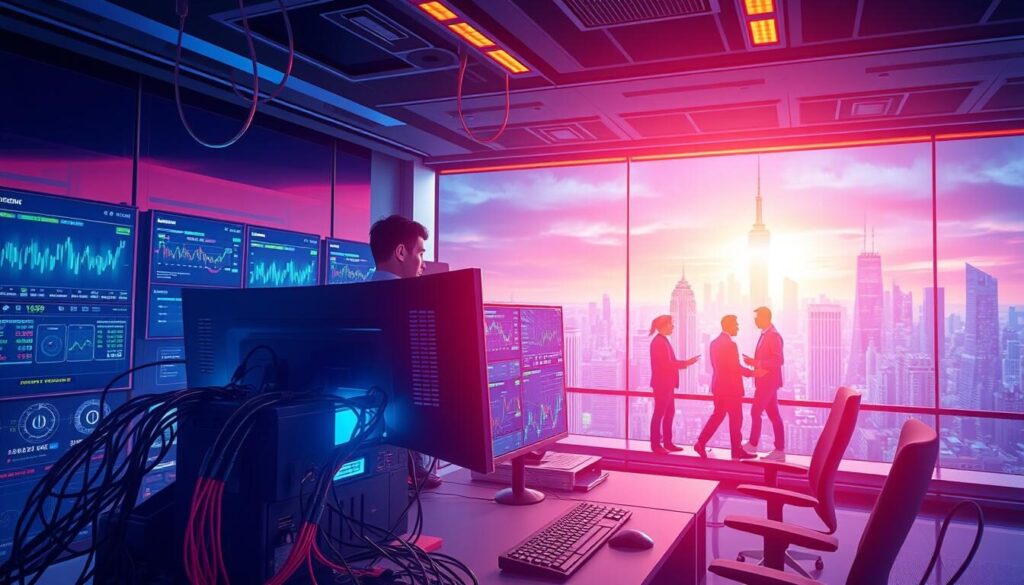 A dynamic and visually compelling illustration of the broker integration process. Set in a vibrant, futuristic office environment, the foreground features a central computer terminal with various connection points, cables, and interactive UI elements. Surrounding it, a team of financial analysts and technical specialists collaborate, their faces illuminated by the glow of multiple high-resolution displays. The middle ground showcases an array of financial data visualizations, charts, and real-time market indicators, creating a sense of transparency and interconnectivity. In the background, a panoramic city skyline frames the scene, suggesting the global reach and scale of the brokerage integration. Dramatic lighting, a cool color palette, and a sense of seamless technological integration convey the precision and efficiency of the broker integration process.