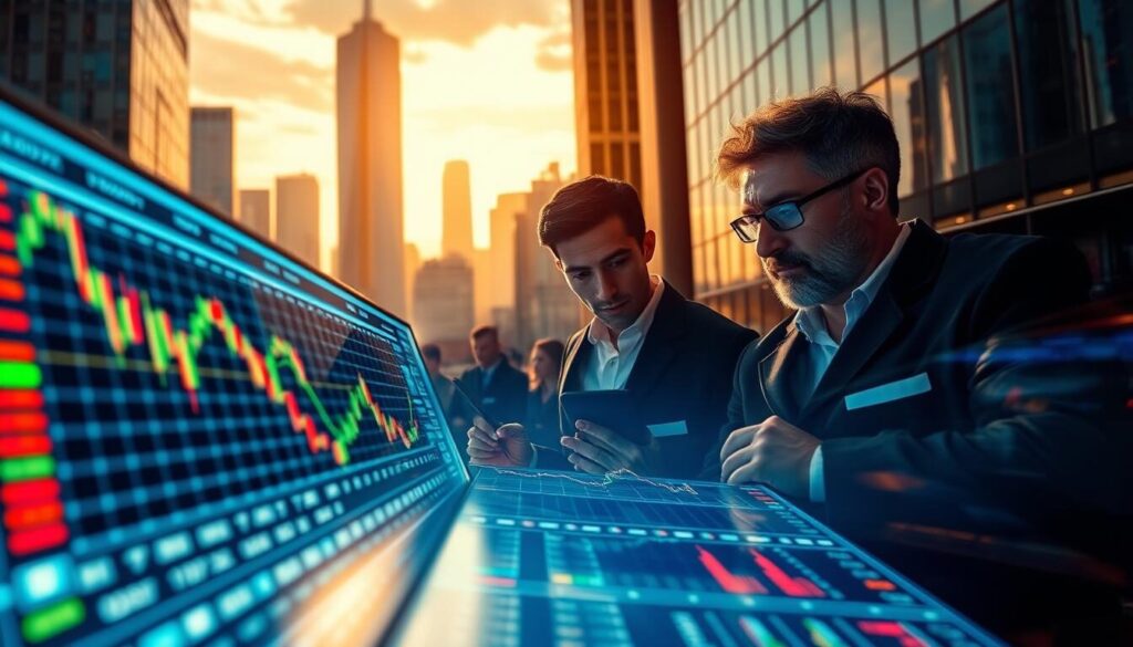 A dynamic cityscape with a forex trading platform in the foreground, displaying real-time charts, indicators, and transaction data. In the middle ground, a group of traders intently analyzing the markets, their expressions conveying focus and calculated risk-taking. The background features a towering skyscraper skyline, with a warm, golden-hour lighting that casts long shadows and a sense of financial power and stability. The overall composition emphasizes the synergy between leverage, risk management, and the high-stakes world of forex trading.
