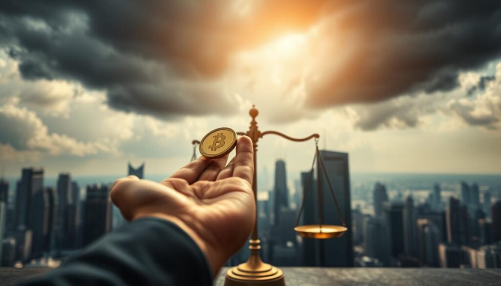 A dynamic composition depicting the benefits and risks of trading bonuses. In the foreground, a hand extends a golden coin, representing the allure of bonus rewards. In the middle ground, a set of balanced scales symbolizes the need to weigh the advantages and drawbacks. The background features a cityscape with towering skyscrapers, conveying the high-stakes world of forex trading. Bright, warm lighting casts an inviting glow, but ominous storm clouds gather, hinting at the potential volatility. The scene is rendered with a cinematic, high-contrast style that heightens the sense of drama and decision-making.