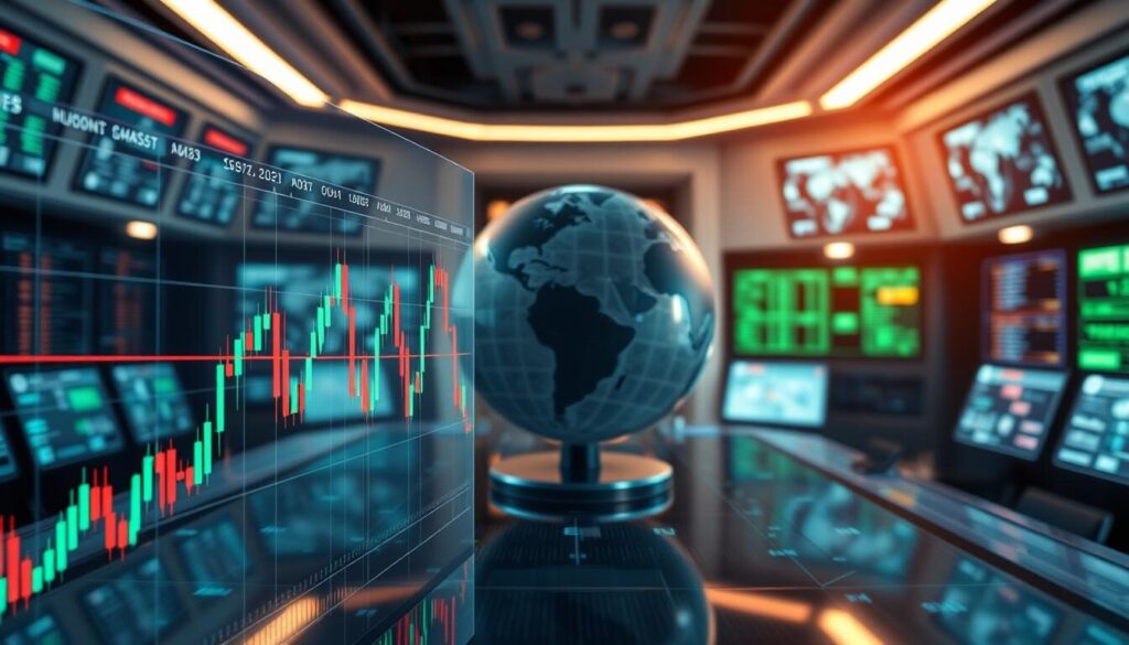 A dynamic display of currency pairs shown on a sleek, holographic interface. The foreground features a detailed graph of forex trading data, with candlestick patterns and technical indicators overlaying the real-time movement of major currency pairs. In the middle ground, a 3D model of a globe rotates, highlighting the interconnected global financial markets. The background is a softly lit, futuristic control room, with subdued lighting and panels displaying additional financial data. The overall atmosphere conveys a sense of precision, analysis, and the complexity of modern forex trading.