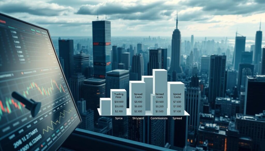 A dynamic financial landscape with intricate details showcasing the critical components of trading costs, spreads, and commissions. In the foreground, a sleek, modern trading platform interface displays real-time market data and analytical insights. In the middle ground, a three-dimensional bar chart illustrates the comparative breakdown of trading fees, commissions, and spread costs across various Forex brokers. The background features a panoramic view of a bustling financial district, with skyscrapers and stock tickers reflecting the ever-changing nature of the global markets. Soft, directional lighting emphasizes the depth and clarity of the scene, creating a sense of professionalism and authority. Rendered in a photorealistic style with a focus on precision and accuracy, this image aims to visually encapsulate the key considerations for evaluating trading costs in the Forex market.
