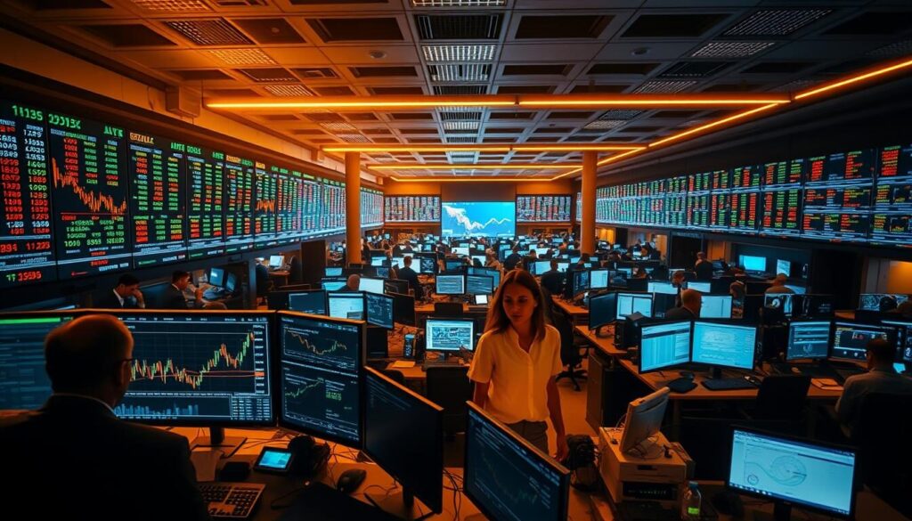 A dynamic forex trading floor, with a wide array of digital screens displaying fluctuating currency pairs, charts, and market indicators. The scene is bathed in a warm, golden glow, creating an atmosphere of intensity and focus. In the foreground, a trader's desk features a dual-monitor setup, with real-time data and analytics dashboards. The middle ground showcases a team of analysts poring over complex financial models, their faces illuminated by the glow of their screens. In the background, a vast, open-plan office space bustles with activity, with traders and financial professionals moving with purpose, surrounded by the hum of computer systems and the occasional chime of alerts. The overall impression is one of a thriving, high-stakes market, where liquidity and volatility are the driving forces behind the constant ebb and flow of global finance.