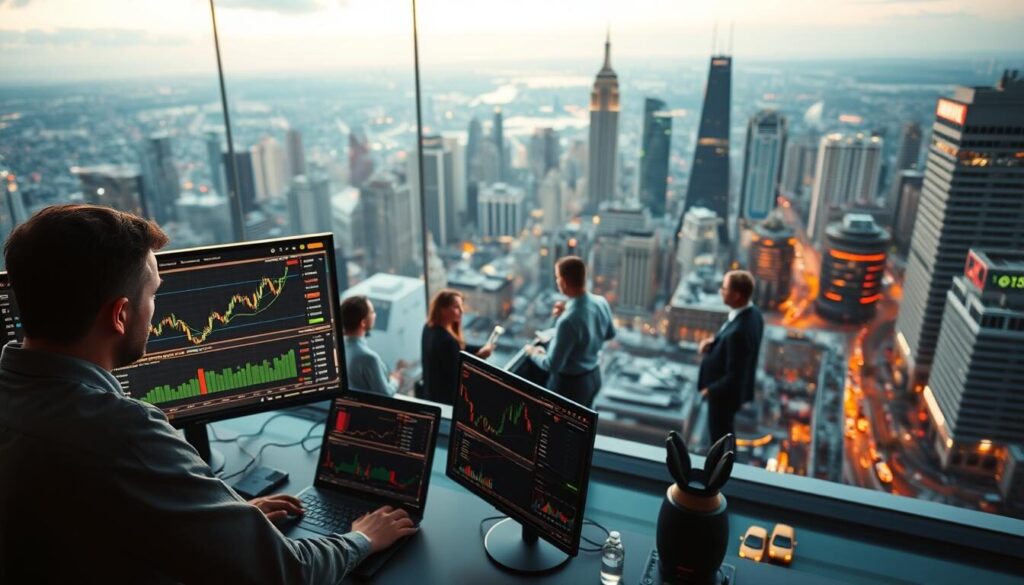 A dynamic forex trading landscape with a focus on affiliate marketing strategies. In the foreground, a skilled trader analyzing real-time market data on multiple screens, surrounded by infographics and charts highlighting growth trends. In the middle ground, a team of marketers brainstorming campaigns, crafting compelling content, and optimizing digital channels. In the background, a vibrant cityscape with skyscrapers and bustling streets, symbolizing the global reach and scale of the forex affiliate industry. The lighting is a balance of warm and cool tones, creating a sense of energy and professionalism. The overall mood is one of opportunity, innovation, and data-driven decision-making.