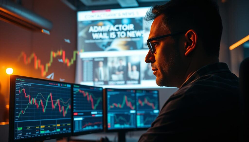 A dynamic forex trading scene with a backdrop of economic news headlines, set against a dramatic, cinematic lighting. In the foreground, a trader intently focused on a dual-screen setup, their face illuminated by the glow of digital displays. In the middle ground, stock charts and financial data visualizations float in the air, pulsing with energy. In the background, a large projection screen displays a breaking news story, the banner text scrolling with urgency. The atmosphere is tense, with a sense of high-stakes decision-making. The lighting is a mix of warm, directional illumination and cool, ambient tones, creating a sense of depth and drama. The overall composition conveys the profound impact of economic news on the fast-paced world of forex trading.