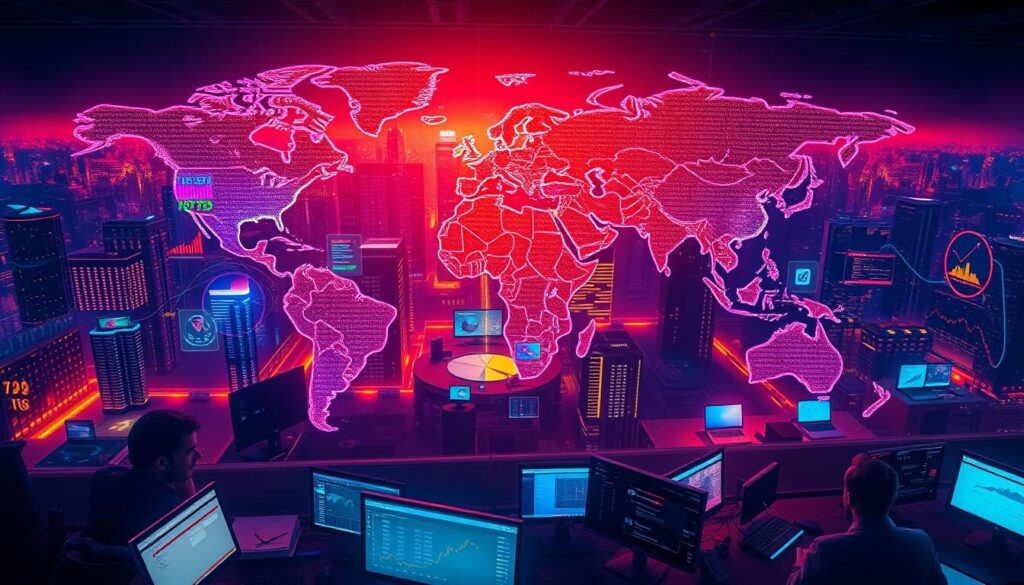 A dynamic global trading sessions illustration with a vibrant, neon-infused cityscape backdrop. In the foreground, a world map pulsates with vibrant colors, representing the interconnected financial centers of the world. The map is flanked by charts, graphs, and stock tickers, symbolizing the data-driven nature of global finance. The middle ground features traders huddled around their workstations, their faces illuminated by the glow of computer screens, immersed in the fast-paced activity of the global markets. The lighting is moody and atmospheric, with warm hues creating a sense of intensity and urgency. The composition is shot from a high angle, conveying a sense of scale and the global reach of the financial markets.