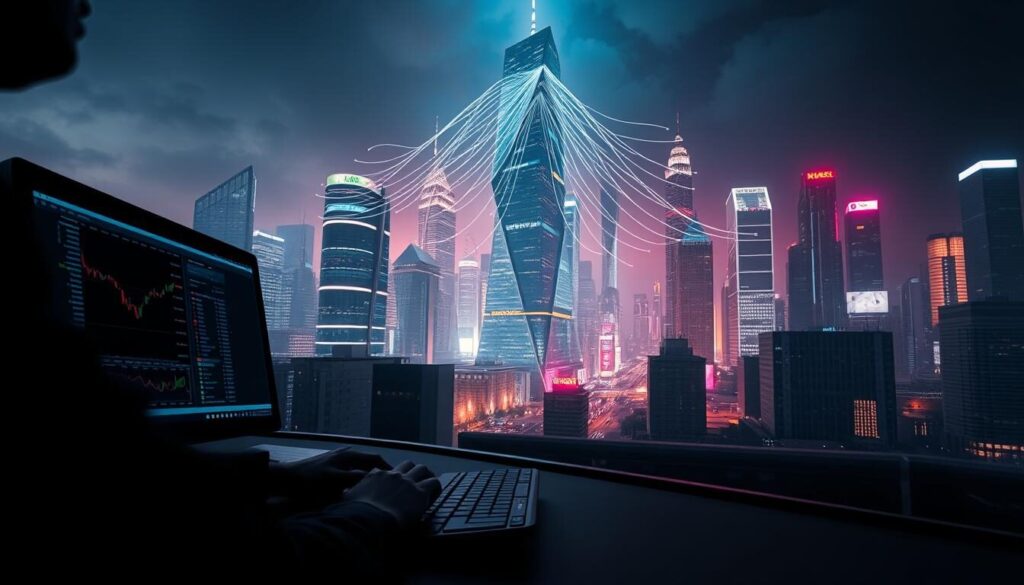 A dynamic, high-contrast scene depicting the complex interplay of leverage and margin trading in the foreign exchange (forex) market. In the foreground, a stock trader intently monitors a digital trading platform, hands poised over a keyboard, conveying a sense of heightened focus and urgency. The middle ground is dominated by a towering, abstract visualization of leveraged positions, with dynamic lines and shapes representing the magnified effects of margin trading. In the background, a vibrant, neon-lit cityscape evokes the fast-paced, technologically-driven world of modern finance, creating an atmosphere of energy and financial acumen. Dramatic lighting and a wide-angle lens further emphasize the scale and significance of the subject matter.