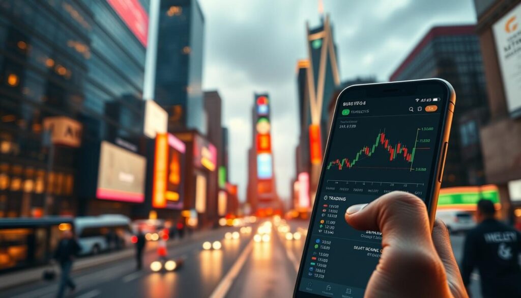 A dynamic mobile trading interface with a sleek, intuitive design. In the foreground, a smartphone displays real-time financial data, candlestick charts, and trading tools. The middle ground showcases a trader closely monitoring market trends, making informed decisions on the go. In the background, a bustling cityscape with towering skyscrapers and bright neon lights, conveying the fast-paced, global nature of the forex market. The scene is bathed in a warm, golden light, creating a sense of confidence and professionalism. Overall, the image reflects the seamless, mobile-centric trading experience that modern forex brokers strive to provide.
