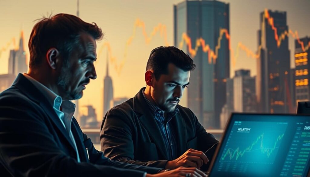 A dynamic stock chart, illuminated by warm, directional lighting, showcasing the jagged peaks and valleys of the volatility index. In the foreground, a trio of traders intently studying the data, their expressions tense with concentration. The middle ground features a sleek, minimalist trading terminal, its digital interface flickering with real-time market information. In the background, a cityscape of towering skyscrapers, hinting at the global scale of the financial markets. The overall composition conveys the intensity, risk, and opportunity inherent in volatility index trading.