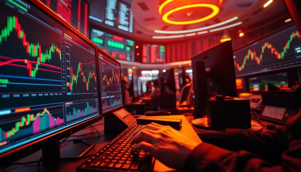 A dynamic trading floor bathed in the warm glow of dual-monitor setups, the air electric with the rapid pace of buy and sell orders. In the foreground, a trader's hands blur across a keyboard, executing trades with laser-like precision. Lush, abstract data visualizations dance across the screens, revealing the pulse of the market in real-time. The background is a kaleidoscope of candlestick charts and financial tickers, the thrum of algorithms processing millions of data points. Kinetic energy and laser-focused intensity pervade the scene, capturing the essence of day trading at its most rapid and exhilarating.