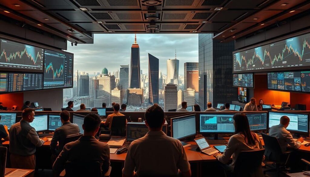 A dynamic trading floor with a focus on educational resources. In the foreground, a group of traders engaged in lively discussions, studying charts and graphs projected on large screens. The middle ground features an interactive learning hub, with a diverse array of training materials, from textbooks to virtual simulations. In the background, a panoramic view of a modern financial district, with towering skyscrapers and a bustling urban landscape. Warm, focused lighting illuminates the scene, creating a sense of productivity and opportunity. The overall atmosphere conveys the importance of continuous learning and skill development within the trading industry.