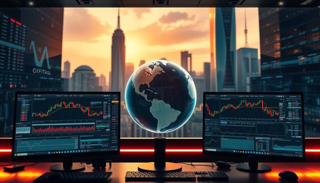 A dynamic trading platform against a backdrop of sleek financial dashboards, showcasing the cutting-edge trading conditions of IC Markets. The foreground features a trader's desk with dual monitors displaying live market data and analysis tools, bathed in the warm glow of task lighting. In the middle ground, a holographic globe spins, representing the global reach of the broker's services. The background is a cityscape of towering skyscrapers, symbolizing the sophisticated financial ecosystem in which IC Markets operates. The overall atmosphere conveys a sense of technological sophistication, precision, and the power to navigate the complexities of the modern financial markets.