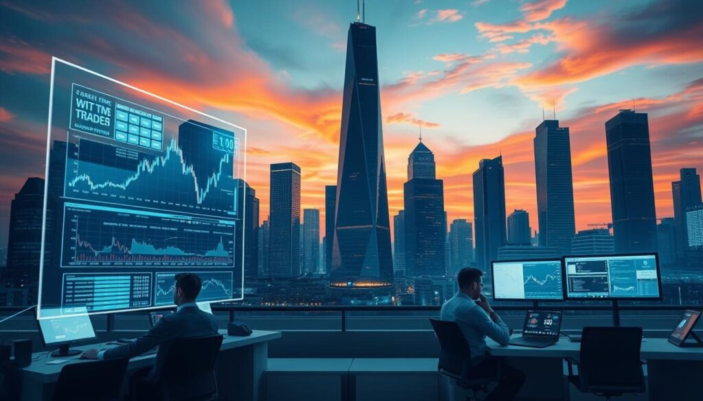 A dynamic trading platform set against a sleek, futuristic cityscape. In the foreground, a holographic display showcases real-time market data and intuitive trading tools. In the middle ground, traders collaborate at minimalist workstations, their faces illuminated by the glow of high-resolution monitors. The background features towering skyscrapers with elegant, angular architecture, their glass facades reflecting the vibrant colors of a sunset sky. The overall scene conveys a sense of innovation, efficiency, and the seamless integration of technology into the world of finance.