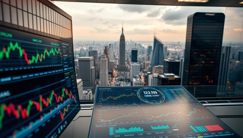 A dynamic visualization of forex data analysis, captured in a high-resolution, wide-angle photograph. The foreground features a series of interactive charts and graphs, displaying real-time market trends and performance metrics. The middle ground showcases a sleek, modern trading platform interface, with customizable dashboards and analytical tools. In the background, a panoramic view of a bustling financial district, complete with towering skyscrapers and a vibrant city skyline. The lighting is a balanced mix of natural daylight and warm, subtle artificial illumination, creating a professional, data-driven atmosphere. The overall composition conveys a sense of precision, insight, and informed decision-making for the discerning forex trader.