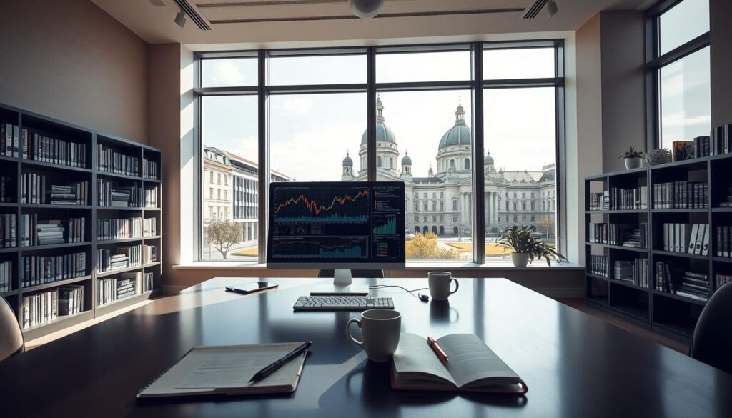 A expansive, airy office space in Vienna, Austria. Sunlight streams through large windows, illuminating a sleek, modern desk where a computer monitor displays graphs and charts tracking the latest forex market trends. In the foreground, an open notebook and a cup of coffee create a sense of professional focus. The middle ground features bookshelves lined with financial documents, suggesting the depth of research and analysis supporting the forex data. The background showcases the iconic Viennese architecture, with ornate facades and the distant spires of St. Stephen's Cathedral, connecting the scene to the rich history and stability of the Austrian financial system.