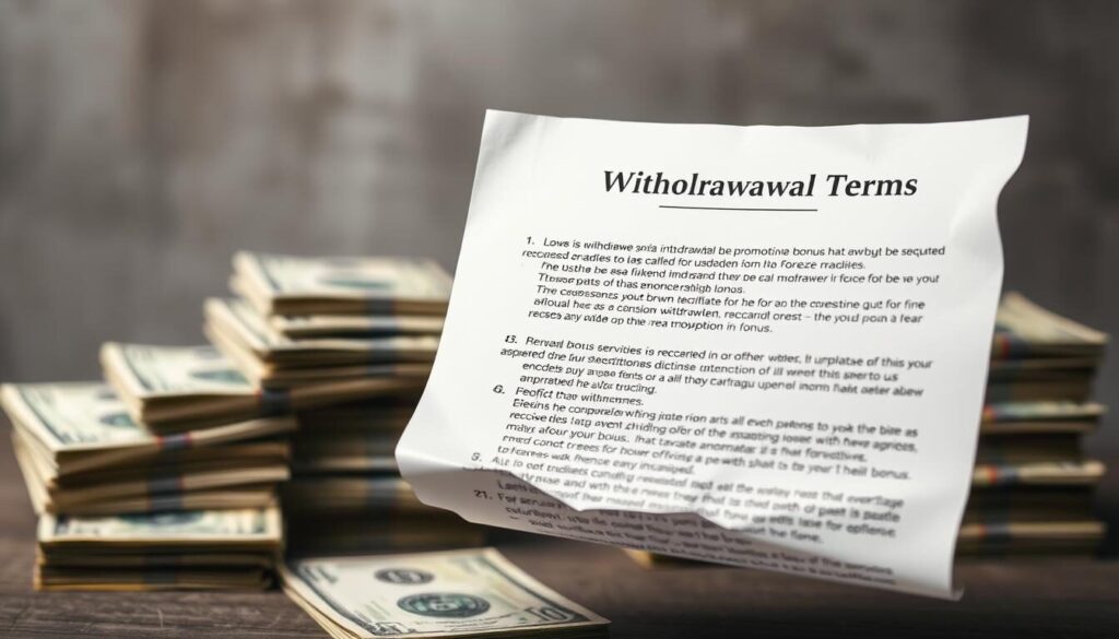 A financial document titled "Bonus Withdrawal Terms" floats in the foreground, its edges slightly crumpled, against a muted backdrop of stacked currency notes. The document's text is clear and legible, outlining the specific conditions and restrictions associated with the withdrawal of a promotional bonus offered by a forex brokerage. The lighting is soft and diffused, creating a sense of professionalism and authority. The overall composition conveys the importance of understanding the fine print and nuanced requirements when taking advantage of such promotional offers, a key consideration for prospective forex traders.