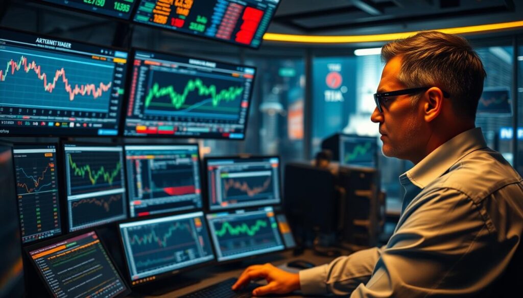 A financial trading desk with an array of digital displays showcasing live forex charts, risk management dashboards, and trading algorithms. The scene is bathed in a soft, warm lighting, creating a focused and professional atmosphere. In the foreground, a trader intently examines the data, their expression one of calculated consideration. The middle ground features various analytical tools and risk management frameworks, while the background depicts a bustling financial center, hinting at the global scale of the forex market. The overall composition conveys the importance of disciplined risk management in successful forex trading.