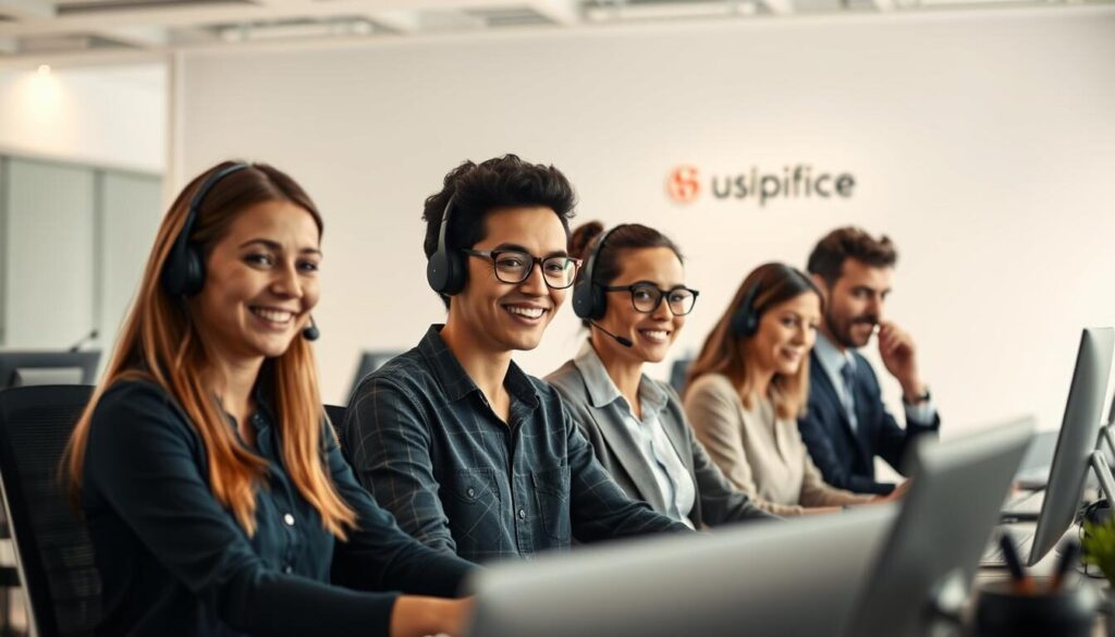 A focused team of diverse customer support professionals, each with a warm, friendly demeanor, providing attentive and efficient assistance in a bright, modern office space. The foreground features the team seated at their desks, calm and attentive, offering thoughtful solutions to customers. The middle ground showcases the team's collaborative spirit, with colleagues consulting on complex issues. The background depicts a minimalist, well-lit environment with sleek workstations and a subtle company branding, conveying a sense of professionalism and reliability. Soft, diffused lighting highlights the team's faces, creating a welcoming and approachable atmosphere.