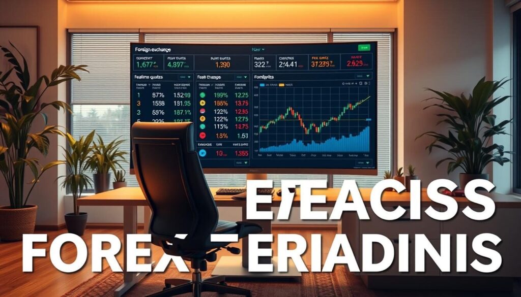 A foreign exchange trading interface, showcasing key elements like currency pairs, real-time quotes, and chart visualizations. The scene is set in a modern office environment, with a large desk, swivel chair, and potted plants in the background. The lighting is warm and inviting, creating a focused and productive atmosphere. The interface is displayed on a high-resolution monitor, with clean and intuitive UI design. The overall composition emphasizes the informative and educational nature of the subject, guiding the viewer through the basics of forex trading.