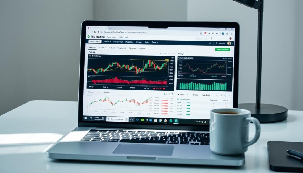 A forex trading platform displayed on a laptop screen, with a demo account interface showcasing live market data, trading charts, and various analytical tools. The screen is illuminated by soft, natural lighting, giving it a calming and focused atmosphere. The laptop is positioned on a clean, minimalist desk, with a mug of coffee and a pen nearby, creating a productive and professional workspace. The overall scene conveys the idea of a trader meticulously practicing and honing their skills in a risk-free environment before entering the live market.