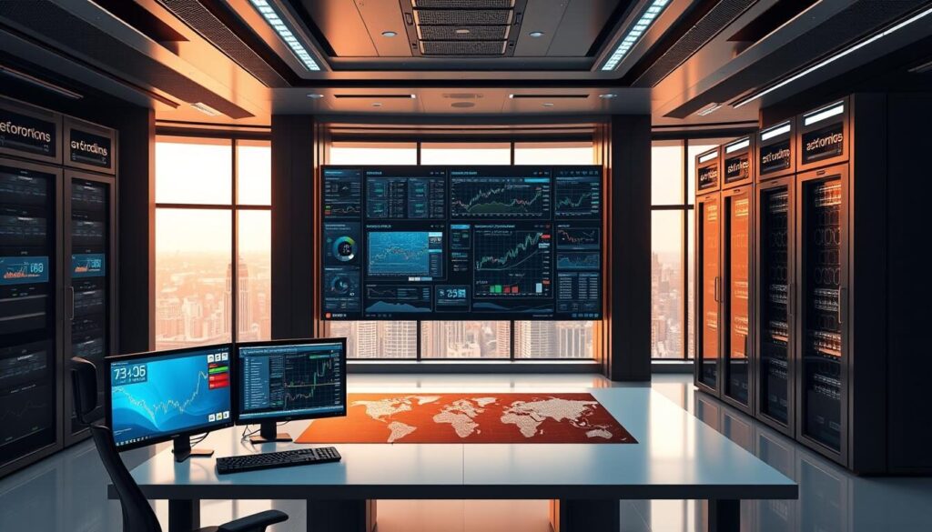 A futuristic and sleek workspace filled with state-of-the-art forex trading infrastructure. In the foreground, a minimalist desk with dual high-resolution monitors displaying live market data and trading platforms. Overhead, a bank of custom-built server towers humming with computing power. In the middle ground, a large interactive touchscreen display showcasing complex trading algorithms and analytics. The background is dominated by a panoramic city skyline visible through floor-to-ceiling windows, bathed in warm, natural lighting. The entire scene conveys a sense of precision, efficiency, and technological mastery - the ideal setting for an independent forex trader to thrive.