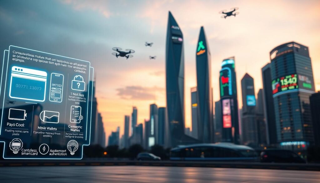 A futuristic cityscape at dusk, showcasing innovative financial technologies. In the foreground, a holographic display featuring various payment options, including contactless smartcards, mobile wallets, and biometric authentication. In the middle ground, towering skyscrapers with sleek, angular designs, their facades adorned with digital screens showcasing real-time forex market data. The background is a vivid, neon-lit skyline, with holograms and drones flitting between the buildings, symbolizing the seamless, interconnected nature of the future financial landscape. Soft, warm lighting casts a serene, futuristic glow, creating an atmosphere of technological sophistication and progress.