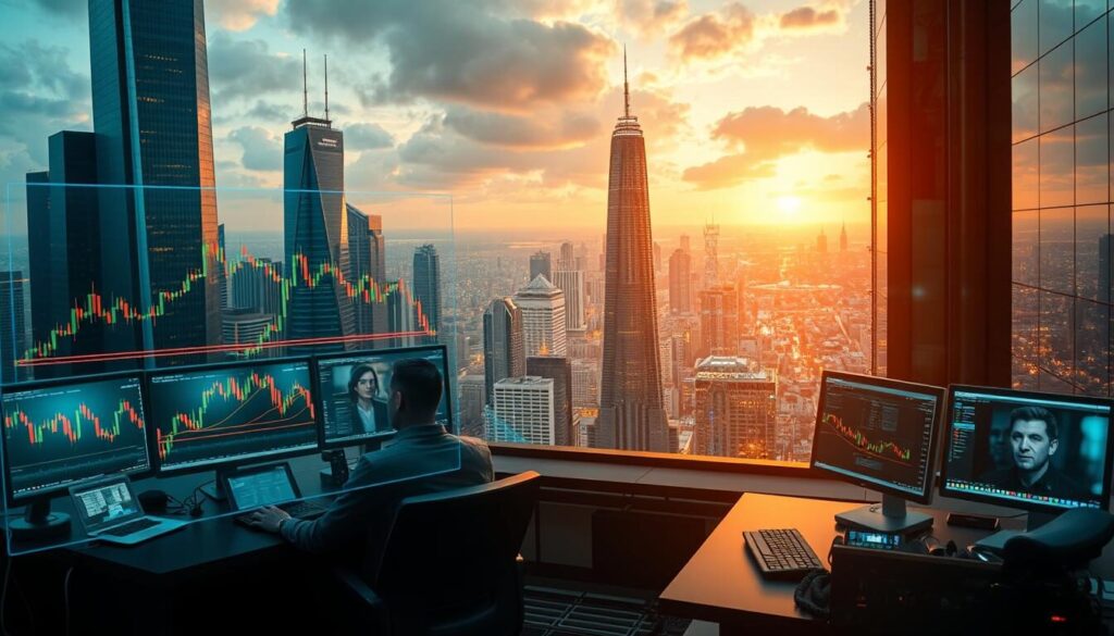 A futuristic cityscape with towering skyscrapers, neon-lit financial hubs, and a glimpse of the forex market's evolution. In the foreground, a holographic display showcases dynamic currency pairs, candlestick charts, and trading indicators, all bathed in a warm, ambient glow. The middle ground features sleek, high-tech trading terminals manned by analysts, their faces reflected in the screens. In the background, a panoramic view of the city skyline, with hints of emerging technologies like blockchain and AI integration shaping the future of finance. The overall atmosphere conveys a sense of progress, innovation, and the ever-changing landscape of the forex market.