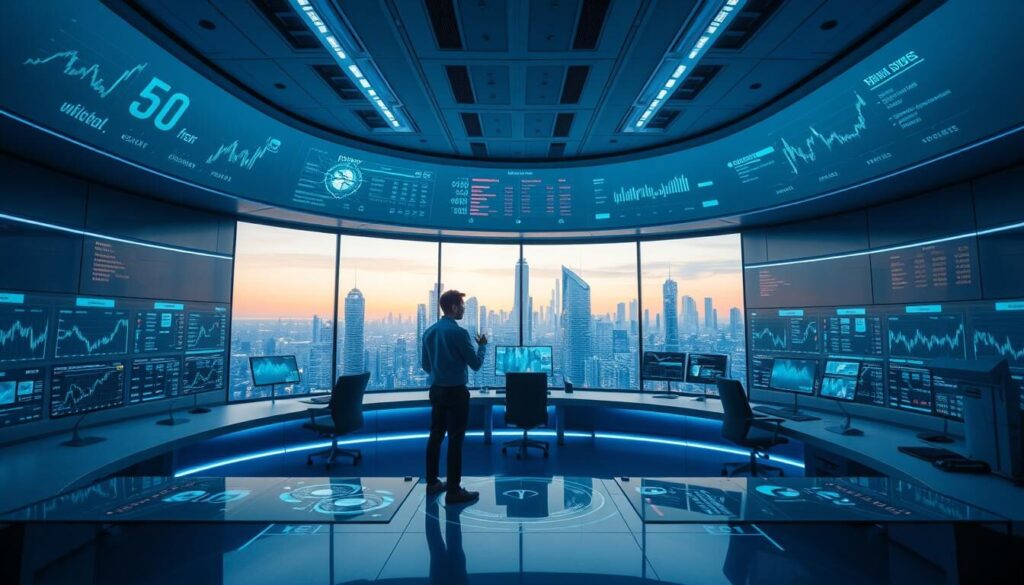 A futuristic forex trading platform with sleek, holographic user interfaces, immersive data visualizations, and advanced analytics tools. The scene is set in a minimalist, dimly-lit control room with large, curved display screens showcasing real-time market data and trading activity. Subtle blue lighting accents the crisp, modern aesthetics, creating a serene, focused atmosphere. In the foreground, a trader interacts with the platform, their movements reflected in the responsive, gesture-based interface. The background features a cityscape skyline, hinting at the global reach and connectivity of the technological ecosystem.