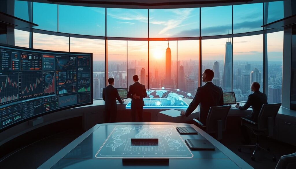 A futuristic trading command center in 2025, with a sleek and minimalist design. In the foreground, a curved ultrawide monitor displays a dynamic market dashboard, its interface glowing with real-time analytics and interactive visualizations. In the middle ground, a holographic 3D model of a global financial network pulsates with data streams, while a team of traders in crisp, tech-infused business attire monitor the activity. In the background, a panoramic window offers a breathtaking view of a gleaming, high-rise cityscape, bathed in the warm glow of the setting sun. The atmosphere is one of precise control, technological sophistication, and a keen sense of future-forward innovation.