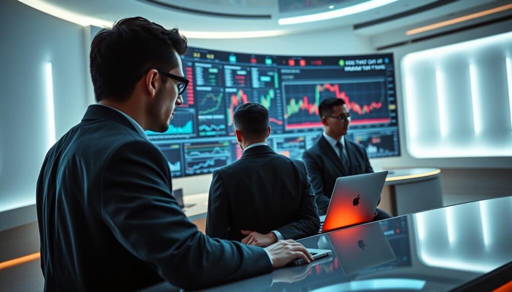 A futuristic trading platform interface, showcased in a sleek, modern setting. A large, curved display dominates the foreground, with intricate data visualizations and stock charts projected in vibrant colors. In the middle ground, a trio of professional traders intently monitor the screens, their expressions intense as they make split-second decisions. The background is a minimalist, high-tech environment, with subtle lighting accents and smooth, reflective surfaces that give an air of sophistication and technological prowess. The overall scene conveys a sense of power, precision, and the cutting edge of financial technology.